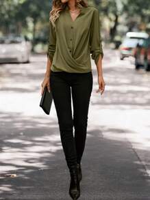 SHEIN LUNE 捲邊袖交疊襯衫 - 軍綠色 - 查看 3