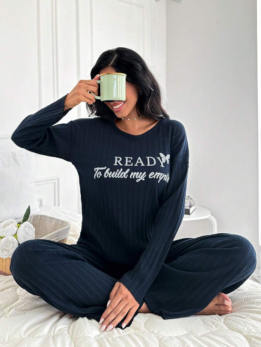 EURMUSE Slogan Graphic Ribbed Knit Lounge Set - Black - View 1