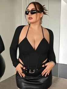 SHEIN ICON Plus Solid Asymmetrical Hem Halter Neck Crop Top - Black - View 6