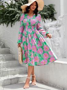 SHEIN VCAY 印花燈籠袖洋裝 - 綠色 - 查看 1