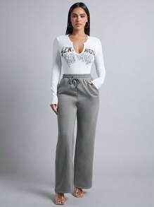 SHEIN PETITE 抽繩腰斜袋闊腿運動褲 - 灰色 - 查看 3