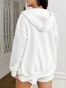 SHEIN EZwear Plus Drop Shoulder Zipper Up Drawstring Hoodie & Shorts - White - View 2