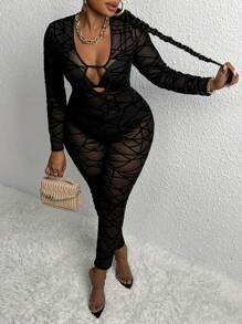 Slaydiva 大碼幾何印花深V領網紗彈力緊身連體褲不附帶內衣褲套裝 - 黑色 - 查看 3