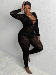 Slaydiva 大碼幾何印花深V領網紗彈力緊身連體褲不附帶內衣褲套裝 - 黑色 - 查看 5