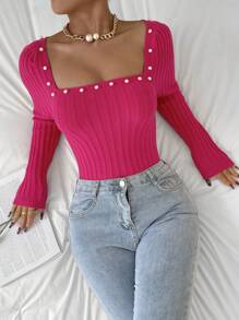 Chiquease Faux Pearls Beaded Square Neck Ribbed Knit Pullover Fall Winter Sweater - Hot Pink - View 6