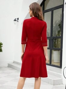 Đầm Dây kéo Ruy băng Tương phản ràng buộc Sọc Thanh lịch - Đỏ - Xem 2