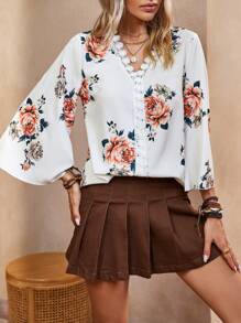 SHEIN LUNE 花卉印花凸花蕾絲邊喇叭袖襯衫 - 彩色 - 查看 1