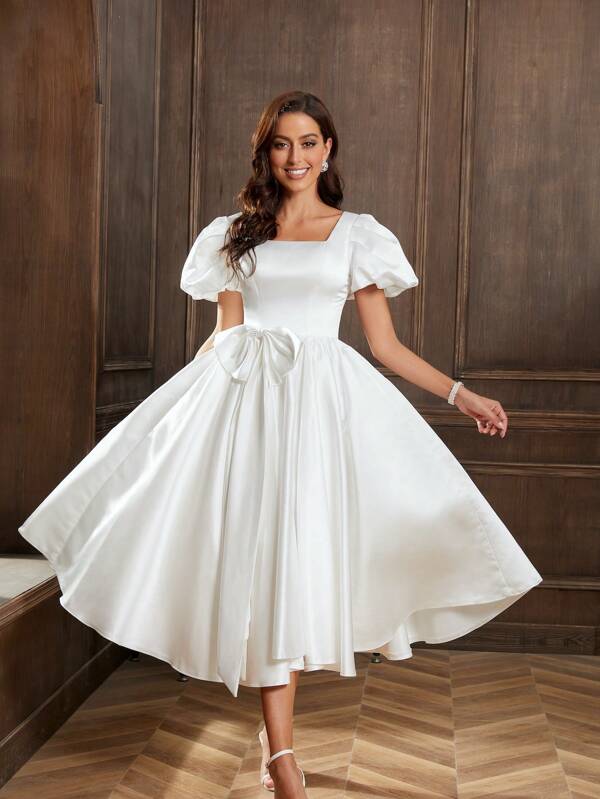 YUMIBRAVO Abito da sposa elegante con scollo quadrato, maniche a palloncino, nodo anteriore, bianco, per la cerimonia nuziale