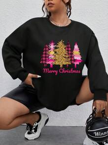 Calvaya Plus Size Women Christmas Slogan Print Crew Neck Drop Shoulder Casual Thermal Sweatshirt - Black - View 3