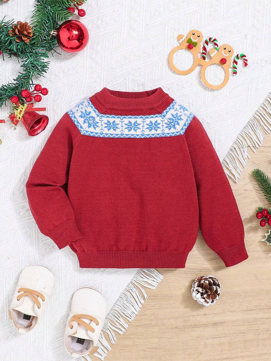 SHEIN Con trai Em bé Mẫu Geo Tay Raglan Áo len - Đỏ - Xem 1