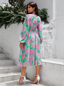 SHEIN VCAY 印花燈籠袖洋裝 - 綠色 - 查看 2