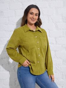 SHEIN Essnce 正面加純色鈕扣燈芯絨夾克 - 綠色 - 查看 4