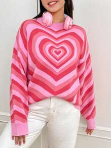 SHEIN Qutie 大碼愛心圖案落肩袖套頭毛衣 - 粉色 - 查看 5