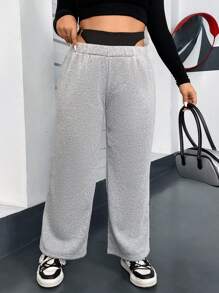 Flirla Plus Contrast 2 In 1 Waist Wide Leg Sweatpants Fall Cloth For Women - Grey - View 6