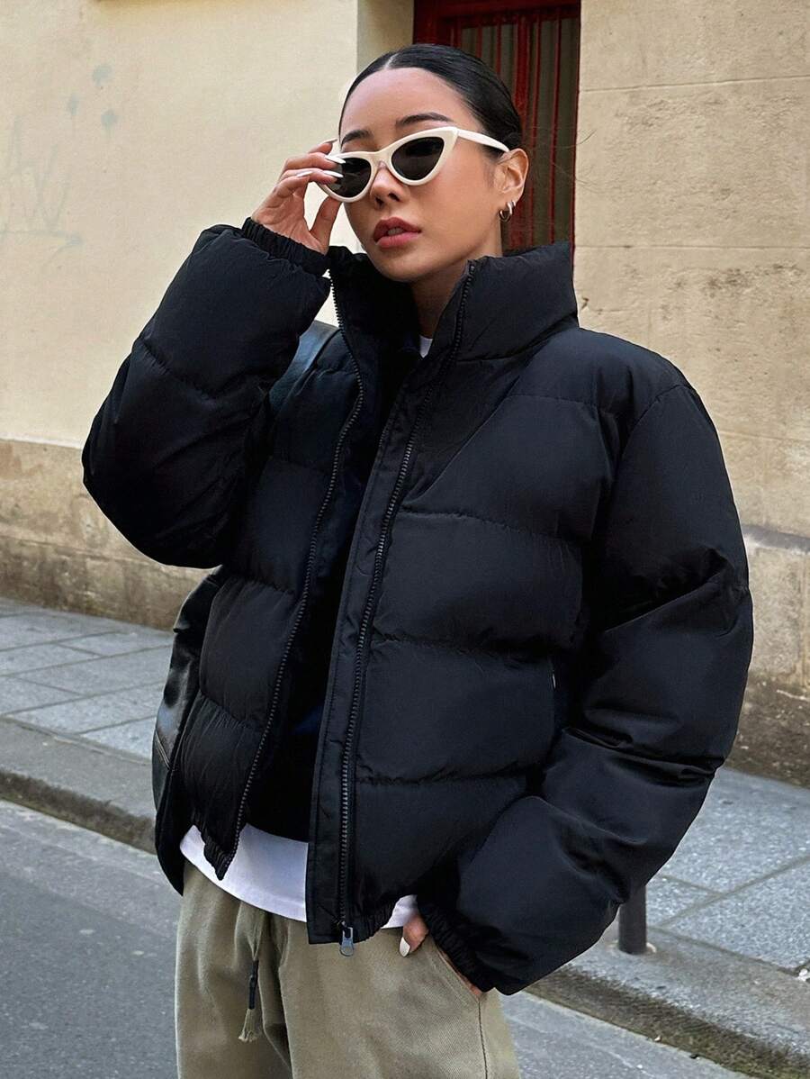 DAZY 拉链厚口袋羽绒大衣，冬季女装，女士夹棉大衣夹克 - 黑色 - 查看 1