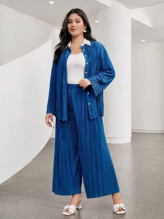 Mulvari 大碼拼接領襯衫&闊腿褲