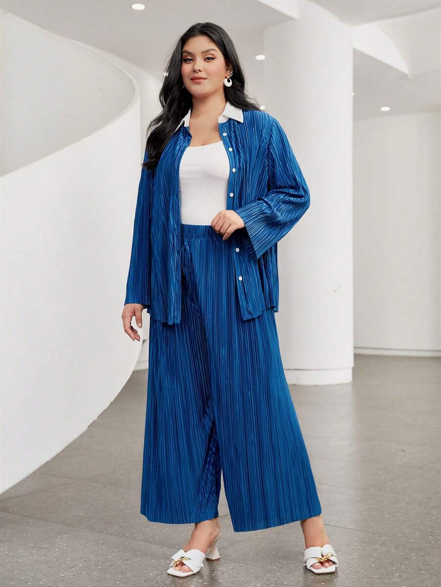 Mulvari Plus Contrast Collar Shirt & Wide Leg Pants