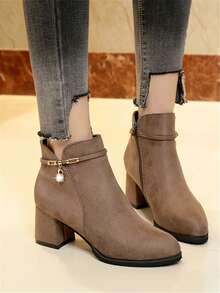 女士絨面側拉鍊鑲鑽裝飾時髦短靴,冬季新款復古高跟踝靴 - 咖啡棕 - 查看 3