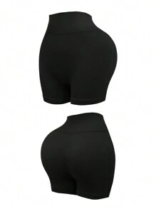 Yoga Basic 3pcs High Waist Ribbed Knit Sports Shorts - Multicolor - View 5