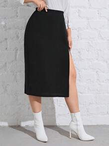 SHEIN Privé Hơn Chất rắn Tách đùi Váy - màu đen - Xem 3