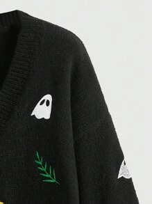 ROMWE Fairycore Plus Halloween Ghost & Moon Pattern Drop Shoulder Cardigan - Black - View 3