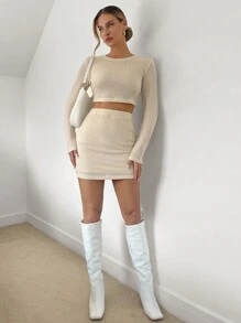 SHEIN Essnce Chất rắn Áo phông Crop & Váy bodycon - Màu be - Xem 3