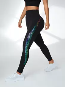 SHEIN Sports Quần legging thể thao cạp rộng Geo Print dành cho nữ tập yoga - màu đen - Xem 4