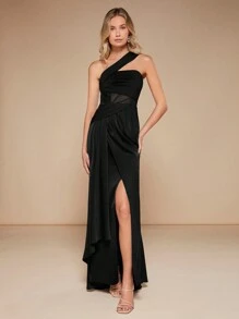 SHEIN Belle One Shoulder Mesh Insert Wrap Hem Bridesmaid Dress - Black - View 1