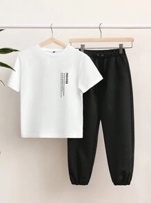RueChic Tween Boy Slogan Graphic Tee & Drawstring Waist Pants - Black and White - View 1