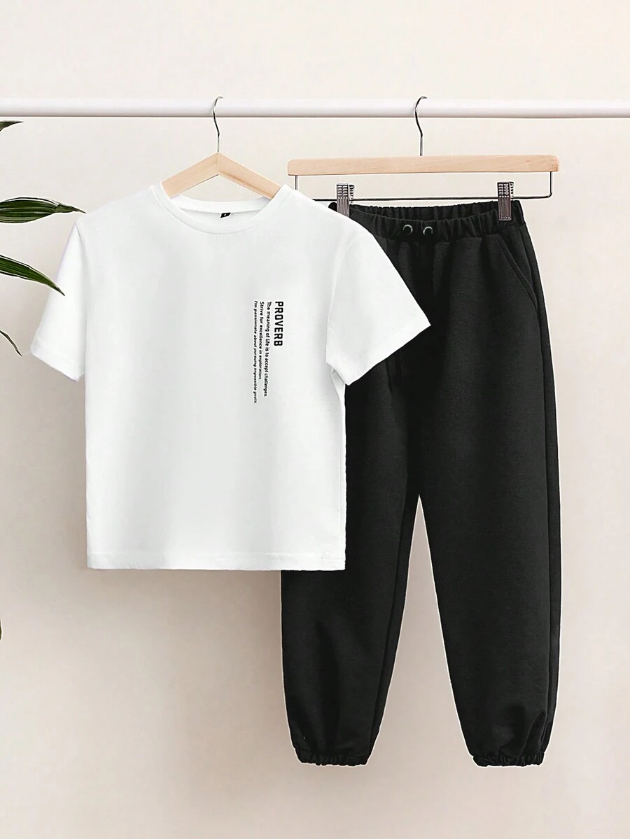 RueChic Tween Boy Slogan Graphic Tee & Drawstring Waist Pants - Black and White - View 1