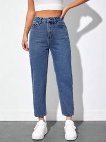 SHEIN PETITE High Waist Mom Fit Jeans - Dark Wash - View 1