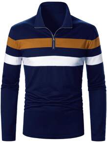 Manfinity Homme Men Color Block Quarter Zip Collar Work Casual Polo Shirt For Husband, For Fall, Long Sleeve Top - Multicolor - View 6