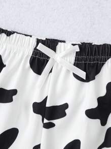 Tween Girl Cow Print Lettuce Trim Cami Top & Shorts PJ Set