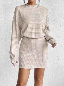 SHEIN Frenchy Mock Neck Drop Shoulder Ribbed Knit Bodycon Dress - Apricot - View 1