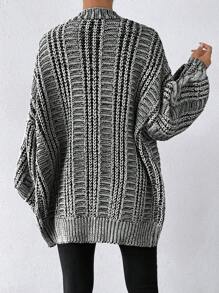 女士纯色纽扣前扭针织开衫，休闲深V领宽松黑色纯色开衫，初秋日常穿着长袖上衣 - 黑色 - 查看 2