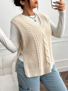 SHEIN EZwear Plus Cable Knit Split Hem Sweater Vest Without Tee Winter Fall Autumn - Beige - View 1