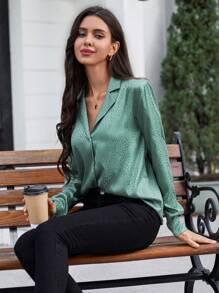 SHEIN Clasi Dalmatian Jacquard Satin Shirt - Green - View 1
