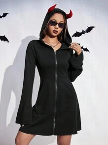 SHEIN EZwear Flounce Sleeve Zip Up Hooded Dress - Black - View 3