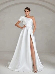 Faeriesty Wedding Dress Bridal Gown: Asymmetrical One-Shoulder Ruffle Accent A-Line Dress With Thigh-High Slit & Luxe Satin Fabric – Perfect For Wedding Ceremonies, Formal Receptions, Bridal Portraits, Destination Galas, Luxury Receptions,Bride - White - View 6