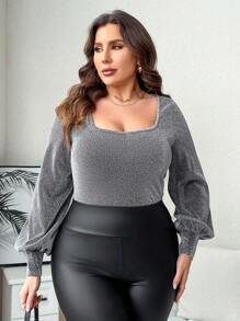 SHEIN Clasi 大碼方領燈籠袖金屬亮絲襯衫 - 淺灰色 - 查看 2