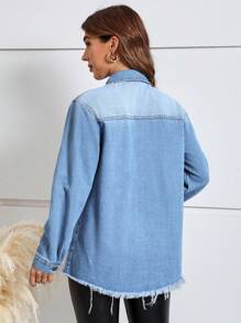 SHEIN LUNE Ripped Raw Hem Denim Jacket - Medium Wash - View 2
