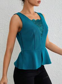 SHEIN Privé Solid Lace Peplum Tank Top - Dark Green - View 5