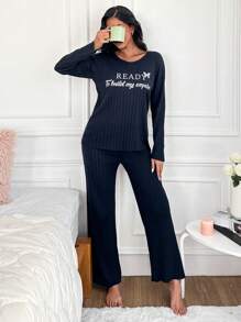 EURMUSE Slogan Graphic Ribbed Knit Lounge Set - Black - View 4