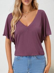 SHEIN LUNE 素色V領蝴蝶袖T恤 - 紫色 - 查看 7