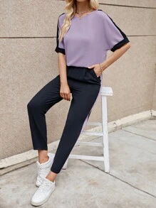 SHEIN LUNE Contrast Side Seam Batwing Sleeve Tee & Pants - Mauve Purple - View 6