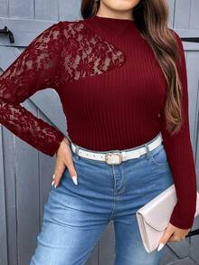 SHEIN Privé Plus Contrast Lace Mock Neck Tee - Burgundy - View 3