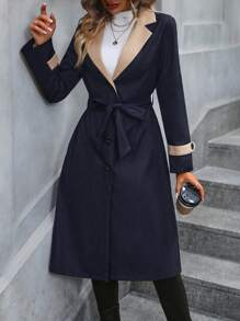 SHEIN LUNE Contrast Panel Lapel Collar Belted Trench Coat - Navy Blue - View 5