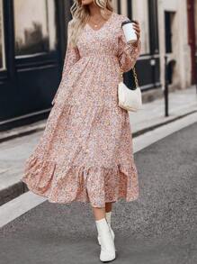 SHEIN LUNE Ditsy Floral Print Lantern Sleeve Ruffle Hem Dress - Pink - View 6