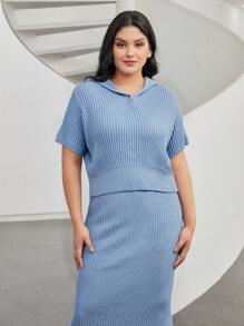 Mulvari Plus Sailor Collar Sweater & Knit Skirt 2 Piece Set - Baby Blue - View 5