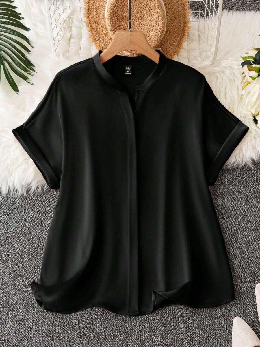 Rometta Plus Size Women's Sexy Party & Vacation Short Sleeve Casual/Office Wear Black Shirt, Elegant Blouse For Summer - Black - View 1